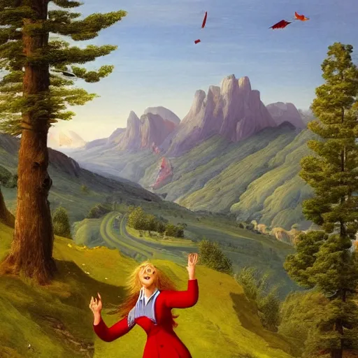 Prompt: a blonde laughing girl in blue coat playing frisbee with a tall man in red shirt are happily on a mountain slope with pines in a mountain valley with a scenic view of a valley with a river behind you can see horses and tractors in distance the sun rays are cutting through the white clouds, birds eye view, award - winning illustration by caspar david friedrich