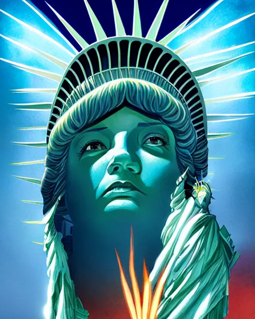 Prompt: lady liberty portrait, artgerm, wlop, ross tran, tom whalen, radiant halo of light, peter mohrbacher, fireworks, celestial