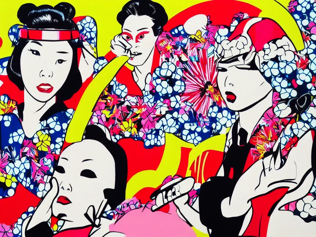 Prompt: hyperrealistic composition, in the middle a woman in a japanese kimono, behind her stands darth vader, in front of her a table from the casino, in the background is mount fuji and fireworks, pop - art style, jacky tsai style, andy warhol style, roy lichtenstein style, round canvas, acrylic on canvas