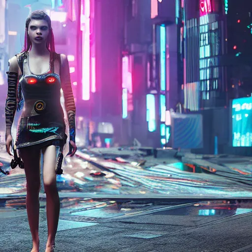 Prompt: Anya Taylor-Joy I'm cyberpunk 2077 unreal engine 5 4k volumetric lighting hyperdetailed photorealism HDR