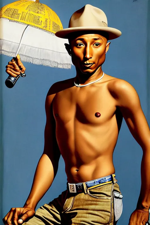 Image similar to pharrell williams by gil elvgren and norman rockwell and rob gonsalves and hajime sorayama, hyperrealistic, high detail, ultra detailed, highly detailed face, ruffled fabric