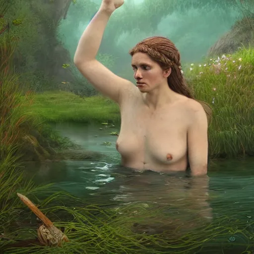 Prompt: epic portrait a female viking swimming in a steamy green lake full of flowers, beauty, pretty face, glossy skin, digital painting, artstation, concept art, soft light, hdri, smooth, sharp focus, illustration, fantasy, intricate, elegant, highly detailed, D&D, matte painting, in the style of Greg Rutkowski and Alphonse Mucha and artemisia, 8k, highly detailed, jurgens, rutkowski, bouguereau, pastoral, rustic, georgic