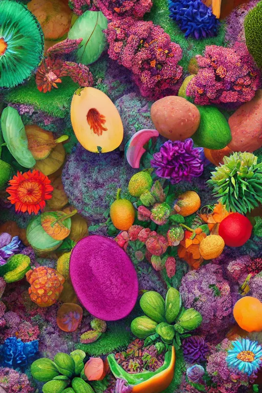 Prompt: super detailed color art, a lot of small garden flowers, A multiverse of fruits, unreal engine, wes anderson color palette, 3d render, colorful, digital art
