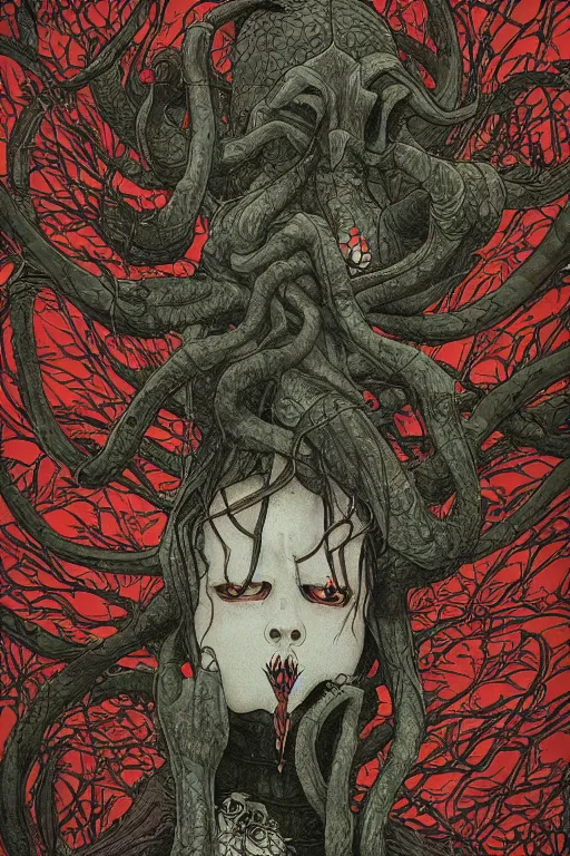 Prompt: mindflayer masterpiece 4k digital design by Takato Yamamoto, award winning, Artstation, Takato Yamamoto aesthetic, Neo-Gothic, gothic, forest on background, intricate details, realistic, hyperdetailed, 8k resolution