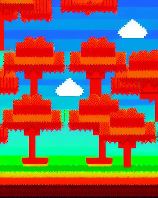 Prompt: 8 bit indie arcade game scene, blue sky with clouds, 2 8 different autumn trees with colored leaves, leaf fall.. details of the game trees, earth, clouds, sky background