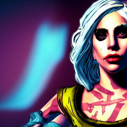 Image similar to lady gaga portrait, borderlands, tales from the borderlands, the wolf among us, comic, cinematic lighting, studio quality, 8 k