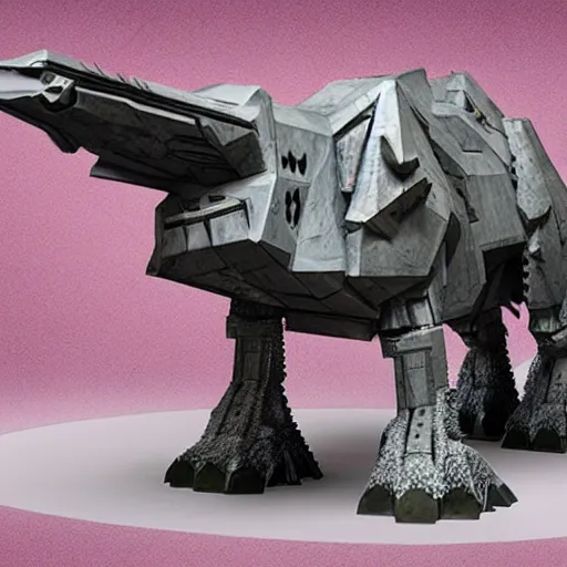 Prompt: a fusion between the tarrasque and an AT-AT, flat grey color, completely metal, guns on shoulders, hyper-realistic CG