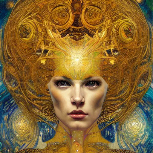 Image similar to Divine Chaos Engine portrait by Karol Bak, Jean Deville, Gustav Klimt, and Vincent Van Gogh, sacred geometry, visionary, mystic, fractal structures, ornate gilded medieval icon, spirals
