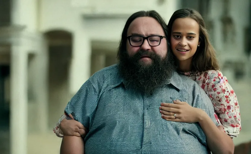 Prompt: movie still close-up portrait of Alicia Vikander happily marrying a morbidly obese bearded nerd, by David Bailey, Cinestill 800t 50mm eastmancolor, heavy grainy picture, very detailed, high quality, 4k, HD criterion, precise texture and facial expression