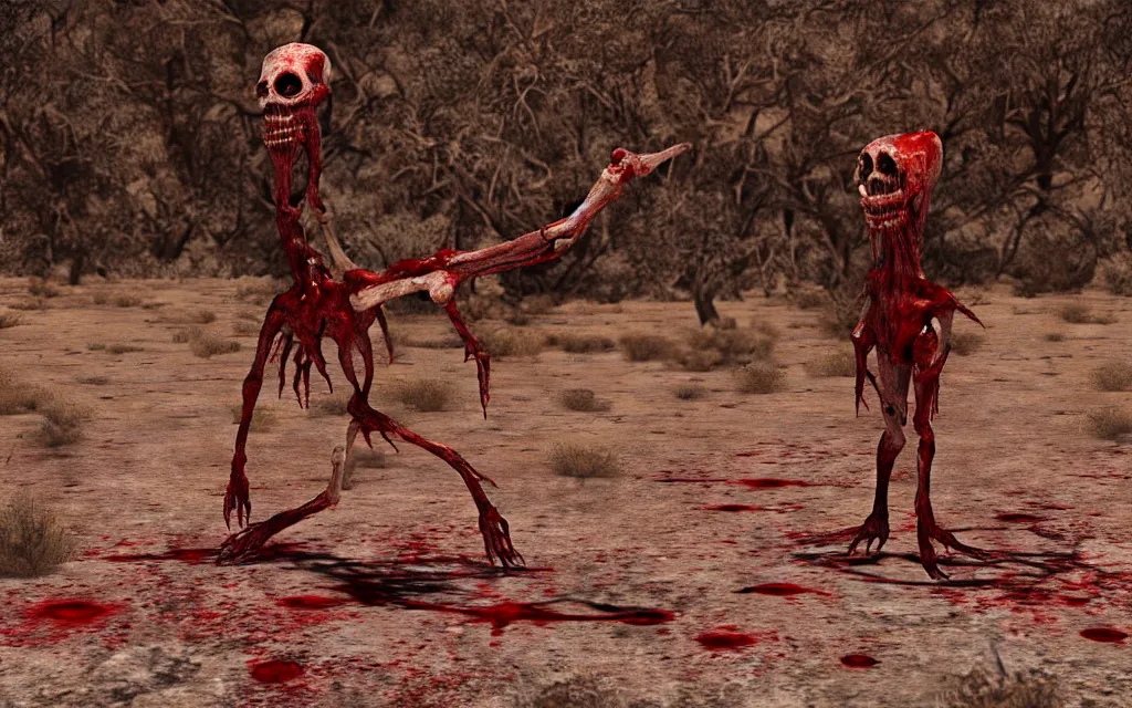 Image similar to in the desert a bloody gross horrifying The Thing creature made of muscle and bone and blood stares at the camera, eating, there is a pool of blood on the ground, it walks on two legs, like a skinwalker, mid day, 35mm photography, realistic,