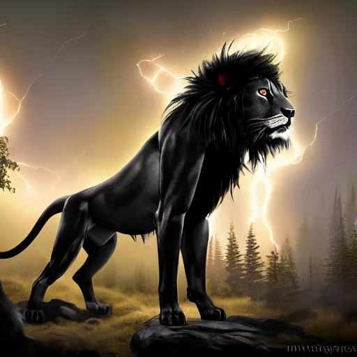 Prompt: photography of a black lion with gold lightnings in the fur in the middle of the ancient forest , concept art, huge scale, photorealistic, high details by Nick Nichols