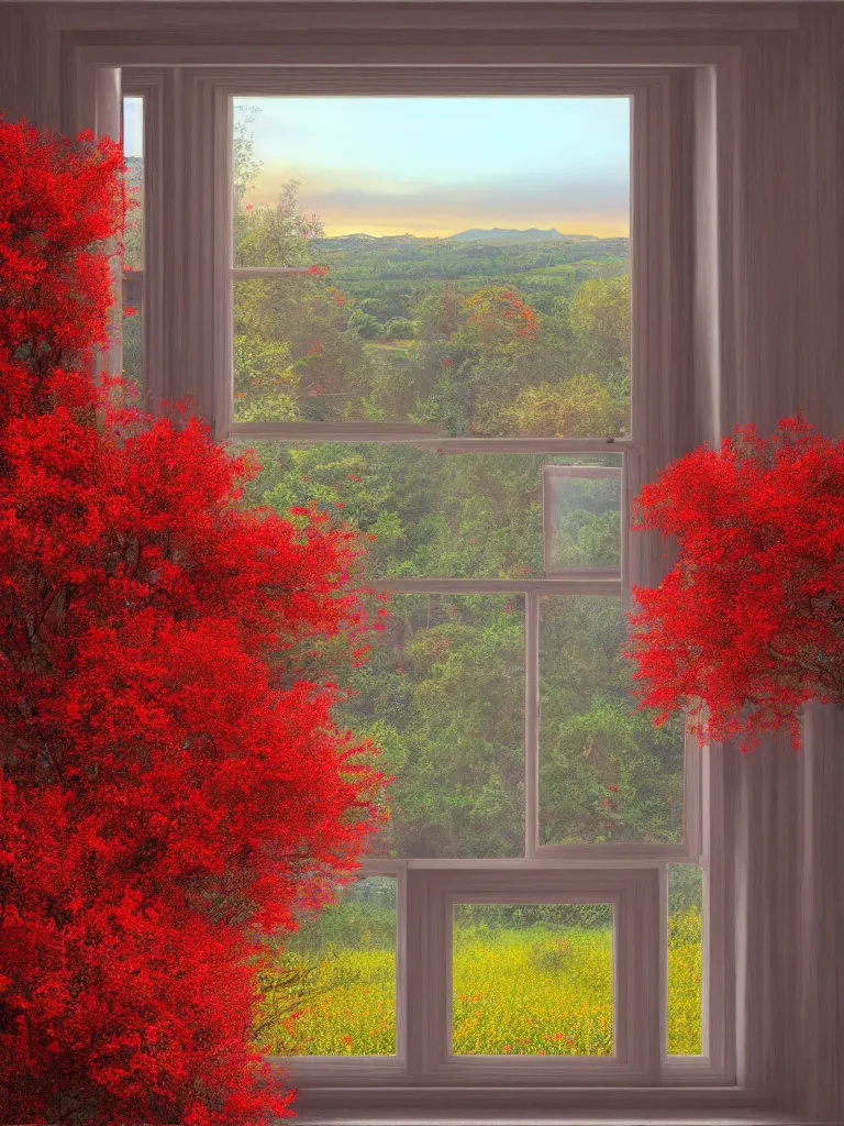 Image similar to a interior photo of a vintage house single window with view to the sunrise near some red flowers, hyperrealistic, digital painting, masterpiece, high quality, highly detailed, high coherence, path traced, serene landscape, beautiful, elegant, bloom, godrays, complementary colors, natural lighting, symmetrical, low contrast, geometrically correct