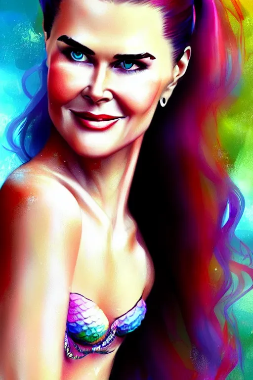 Prompt: mix of beautiful young maria shriver, mariel hemmingway, brooke shields, nicole kidman and elle macpherson as a mermaid, thin lips, hair tied up in a pony tail, dark hair, colorful, artstation, cgsociety