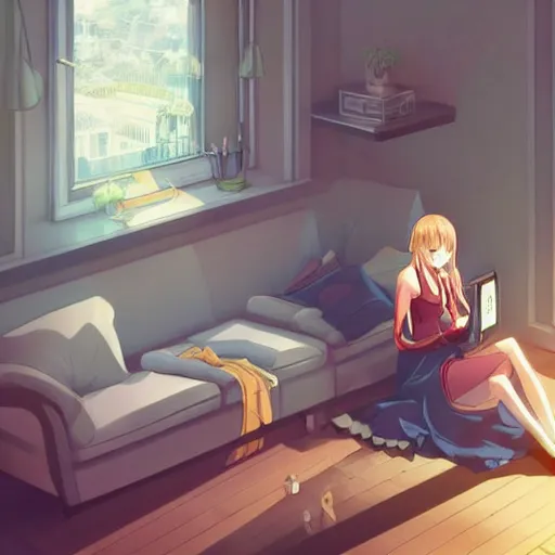 Prompt: girl sits on the sofa and listens to music, the sun shines through the window, highly detailed, 8 k, anime key visual, pixiv, in style of kyoto animation, art by artgerm