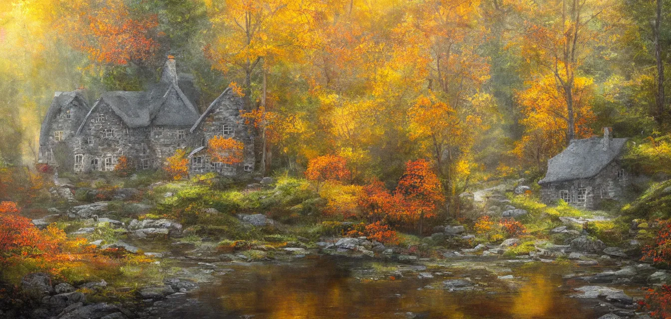 Image similar to a painting of sparse stone cottages underneath a dense tall forest, with pristine reflex from cascading ponds. gorgeous, elegant, sophisticated, an ultrafine painting, intricate brush strokes, bright depth oil colors, photography by araken alcantara. mist diffuse promiseful illumination, autumn sunrise warm light, detailed and intricate environment of hopeful bodyscapes