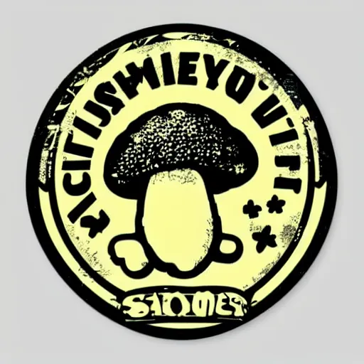 Image similar to Spencers Shroomery sticker. Mushroom theme, 1970s style, by Aaron Draplin