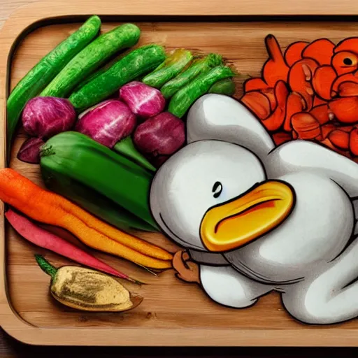 Prompt: beaver and duck, vegetables