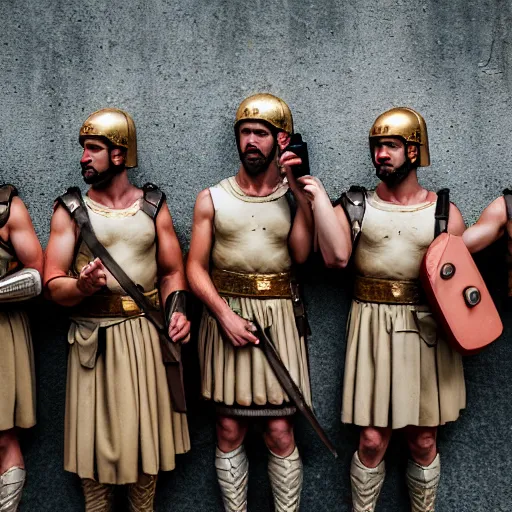 Image similar to photography portrait of a group of roman soldiers holding cell phones, roman empire, leica 1 0 0 mm f 0. 8