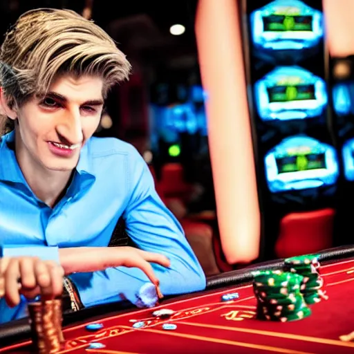 Image similar to closeup of handsome gigachad XQC gambling