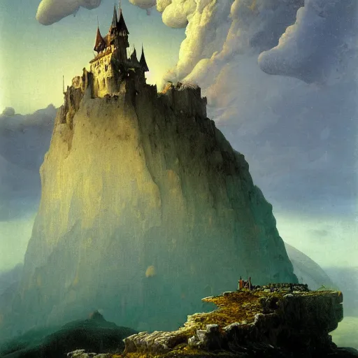 Prompt: a detailed profile oil painting of a lone medevil castle on a mountain, lightning, aurora lighting clouds and stars by beksinski carl spitzweg and tuomas korpi. baroque elements, full - length view. baroque element. intricate artwork by caravaggio. trending on artstation. 8 k