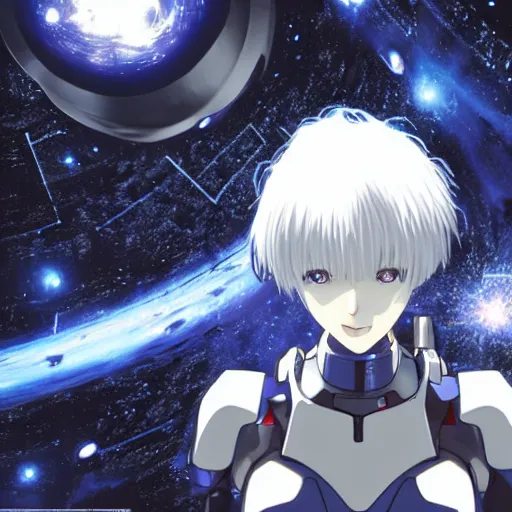 Image similar to !dream VFX SIMULATION, This is a digital art piece by Yoshiyuki Sadamoto that is trending on artstation. It is a 8K UHD image of Rei Ayanami, a female anime character, inside a space station with technological rings. She is shot from the ground by Yoshiyuki Sadamoto. The environment is a concept design and the art is hyper realistic with intricate details.