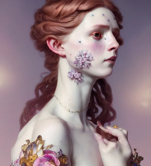 Image similar to baroque portrait of a icelandic princess of porceline skin, full body floral tattoos, cinematic lighting, photorealistic, octane render, 8 k, art by artgerm and greg rutkowski and alphonse mucha and uang guangjian