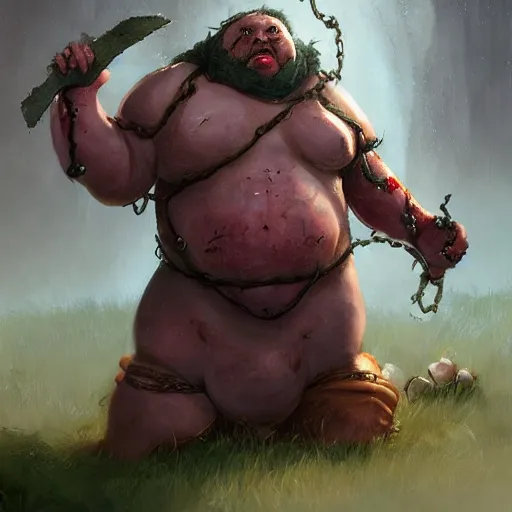 Image similar to a fat fleshy abomination butcher holding a cleaver and a hook hand, multiple arms, chained hook, cleaver knife, meats on the ground, in the style of greg rutkowski, fantasy rpg, league of legends