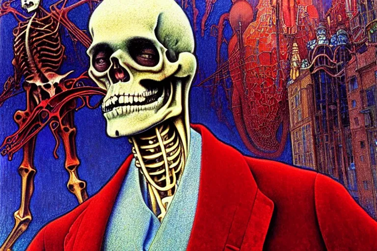 Image similar to realistic detailed closeup portrait painting of a single skeleton wearing red velvet blazer in a crowded futuristic moscow street by Jean Delville, Amano, Yves Tanguy, Alphonse Mucha, Ernst Haeckel, Edward Robert Hughes, Roger Dean, rich moody colours, blue eyes