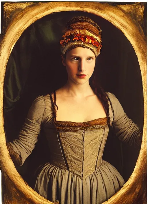 Image similar to portrait of young woman in renaissance dress and renaissance headdress, art by annie leibovitz