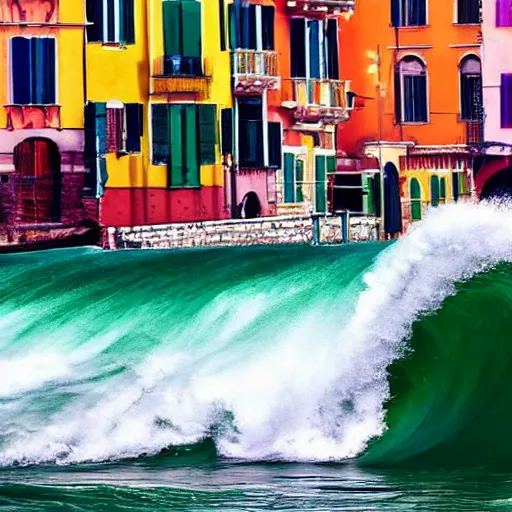 Image similar to radical italian man riding his gondola on a tidal wave, radical, colourful, ocean, gondola riding