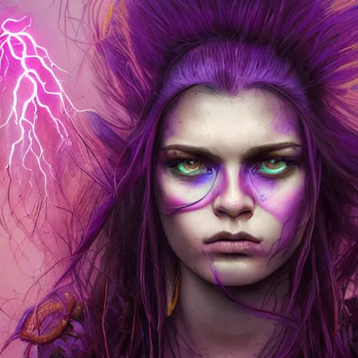 Image similar to detailed photo portrait of a furious teen girl with thin, hair-like purple tentacles on her head and bright purple eyes, 8k,by tristan eaton, Stanley Artgermm,Tom Bagshaw,Greg Rutkowski,Carne Griffiths,trending on DeviantArt, face enhance,hyper detailed ,full of colour, dramatic lightning