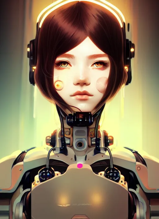 Image similar to portrait of beautiful young cyborg anime maiden, cute-fine-face, pretty face, realistic shaded Perfect face, fine details. Anime, cyberpunk, Warhammer, highly detailed, artstation, illustration, art by Ilya Kuvshinov and Gustav Klimt