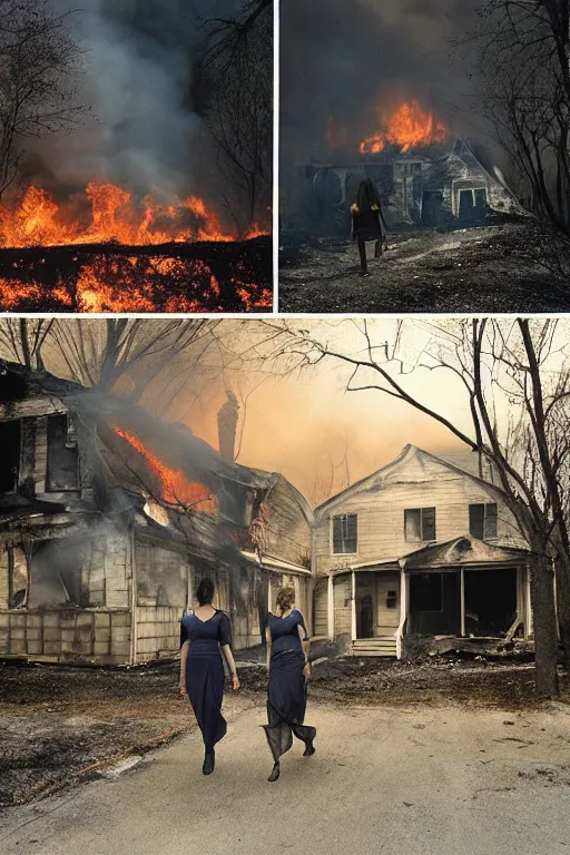 Image similar to Gregory Crewdson full color Photography, A woman walks calmly while her house is on fire