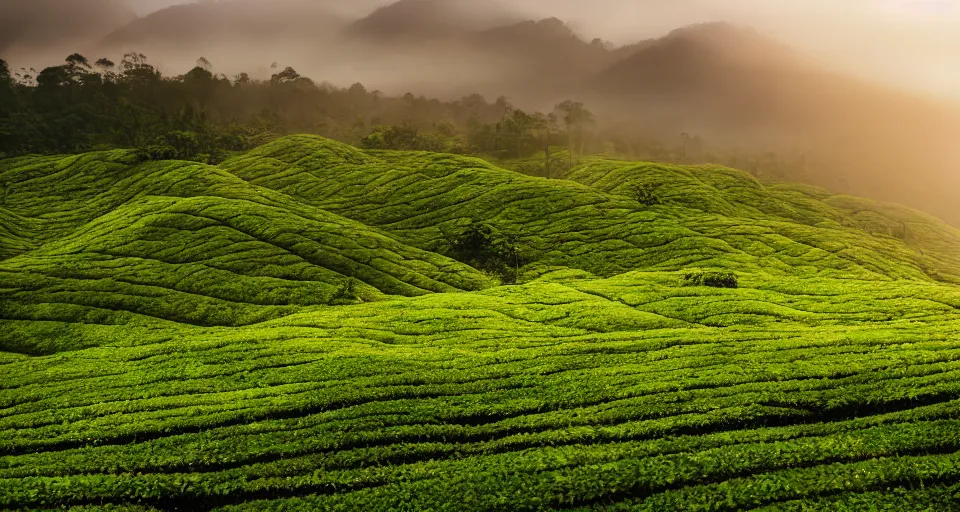 Image similar to Photo of tea plantation of Cameron Highlands with rolling mountain at the background, wide angle, volumetric light, fog, mist, morning, hyperdetailed, light water, artstation, cgsociety, 8k