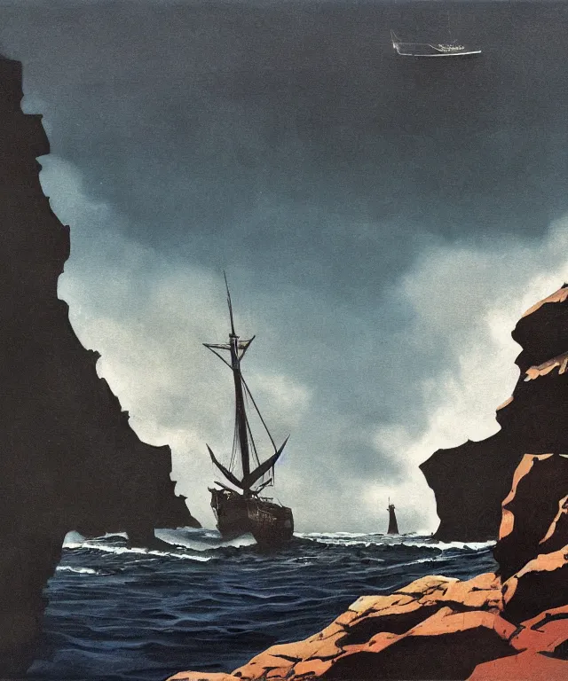 Prompt: photorealistic painting of a 1 9 2 5 seiner sailing near a short tropical cliff with the mouth of a sea cave at the waterline, dark, brooding, atmospheric, lovecraft, horror, smooth, epic, highly detailed, cinematic, by angus mcbride