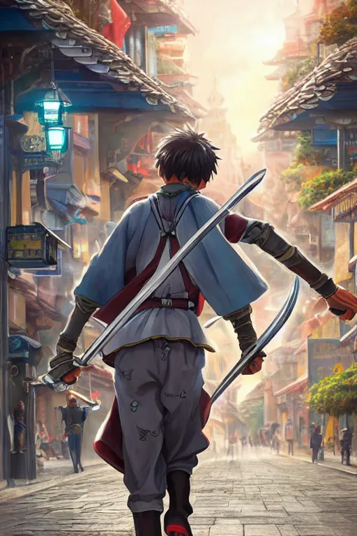 Image similar to ultra detailed keyart of sci - fy movie, a boy carrying a sword in his back is riding a simple bycycle in the main street of isekai shinjuku