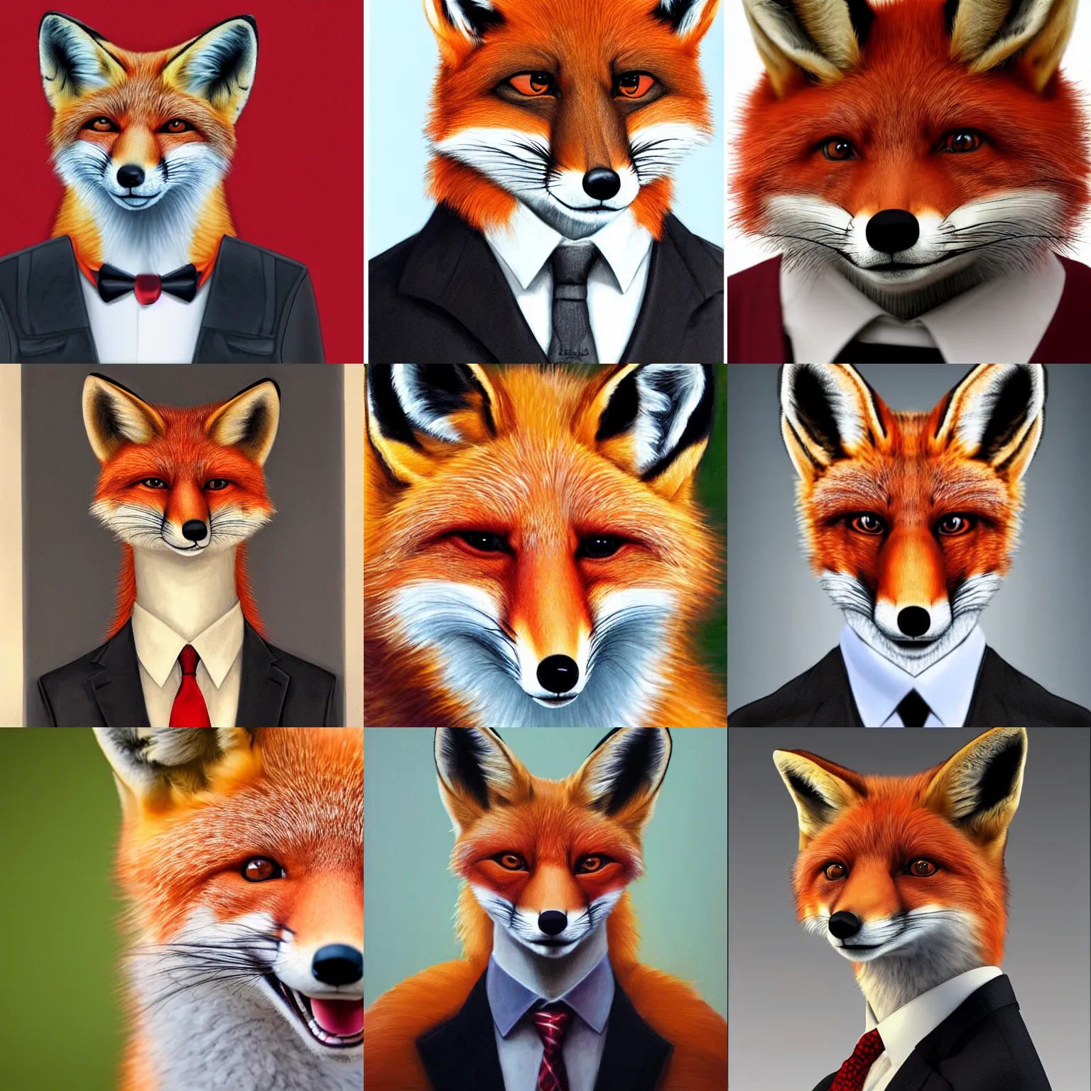 Prompt: a realistic portrait of an anthropomorphic red fox wearing a suit looking into the camera, realistic, portrait