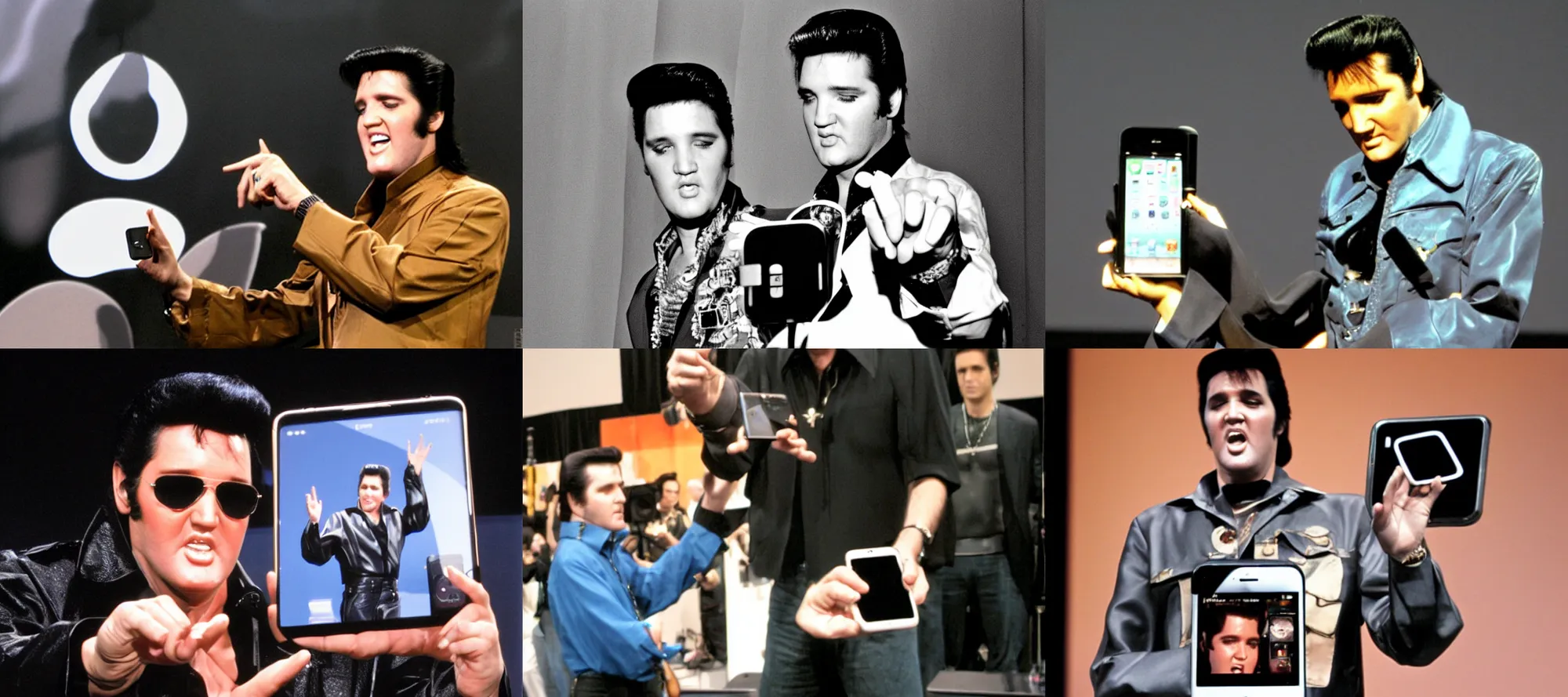 Prompt: elvis presley presenting the iphone, on stage at macworld 2 0 0 7, iphone displayed in the backround