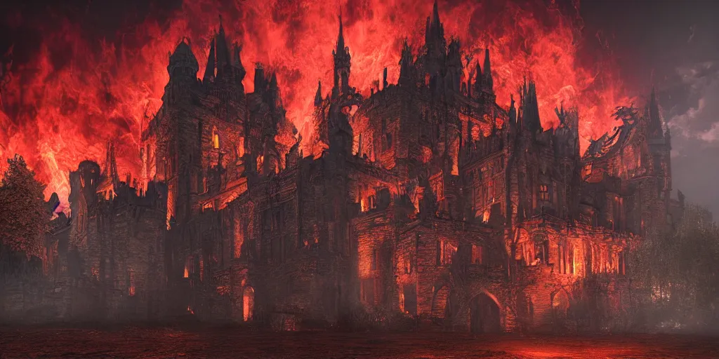 Image similar to A gothic castle covered in fire, rising smoke, dark fantasy, nighttime, detailed crimson moon, hyper realistic, trending on artstation