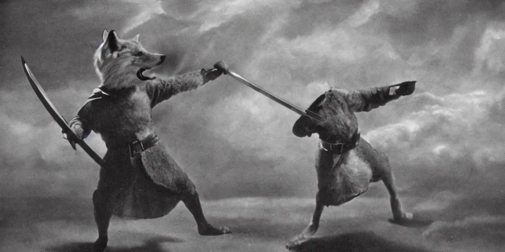 Image similar to anthropomorphic fox who is a medieval knight pointing a sword towards a stormy thundercloud 1 9 3 0 s film still, ladislas starevich