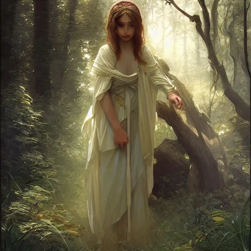 Prompt: painting of a mystic young girl in the forest, intricate, elegant, highly detailed, digital painting, artstation, concept art, smooth, sharp focus, illustration, art by artgerm and greg rutkowski and alphonse mucha and william - adolphe bouguereau