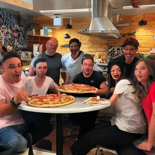 Image similar to Brooklin 99 cast eating power pizza