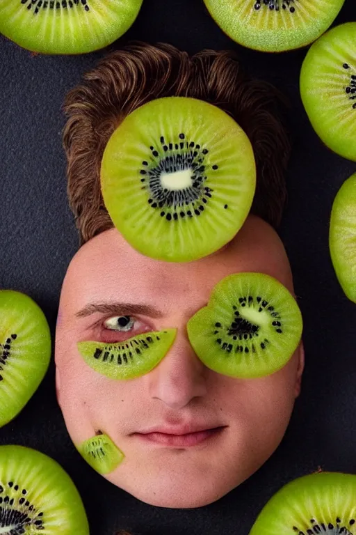 Image similar to 📷 joe keery kiwi fruit face 🥝, made of food, head portrait, dynamic lighting, 4 k