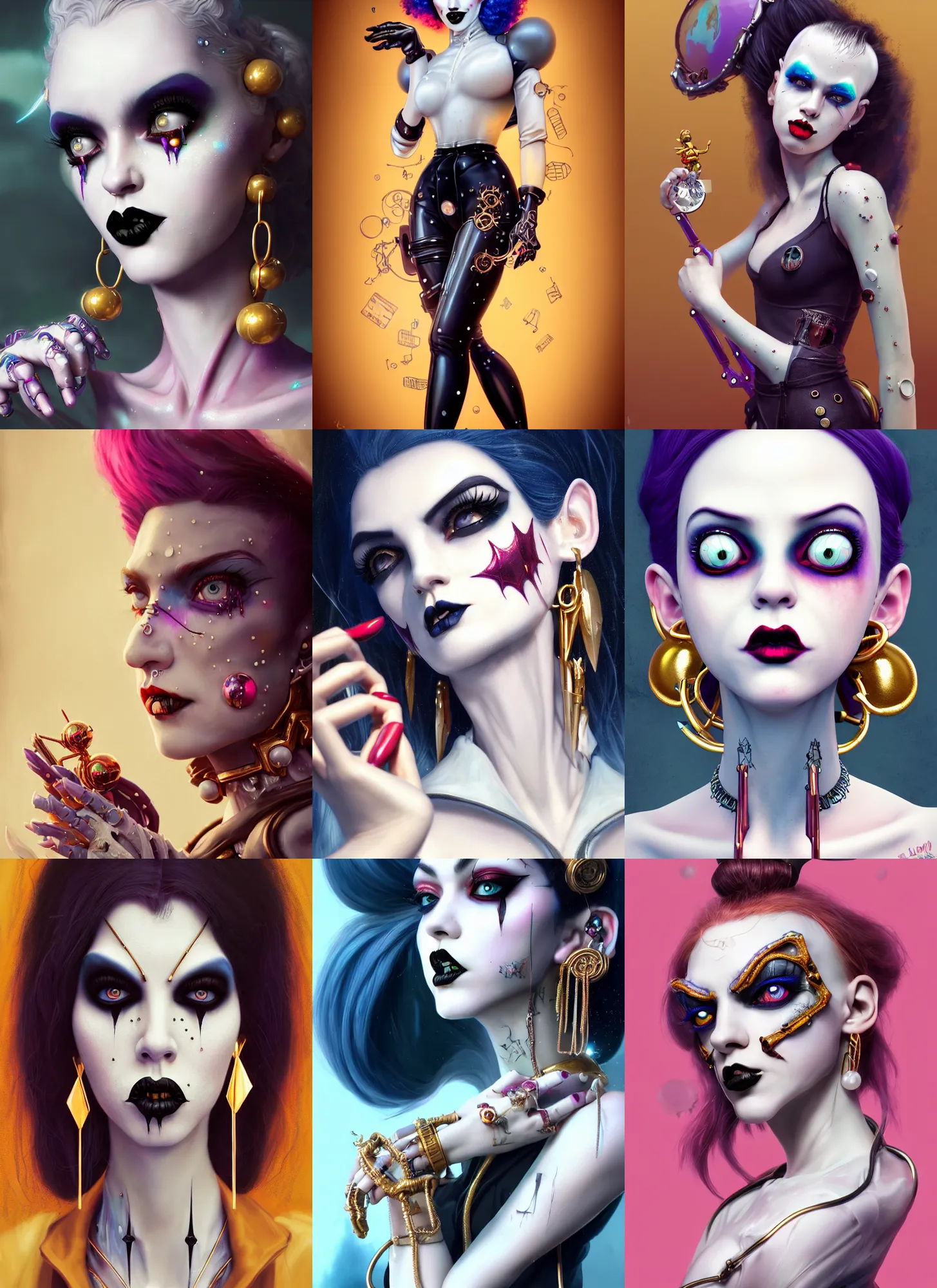 Prompt: disney 8 k photo, beautiful shiny white porcelain rich grand pearlescent goth edc devilgirl clownpunk cyborg college woman, giant earrings, normcore, golden ratio, sci fi, fantasy, cyberpunk, intricate, decadent, highly detailed, digital painting, octane render, artstation, concept art, smooth, sharp focus, illustration, art by loish, wlop