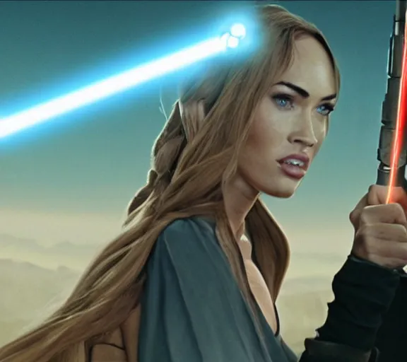 Image similar to Still of Megan Fox on the Jedi Council, being briefed on the clone wars, Star Wars Universe, Cinematic Lighting, beautiful composition, 8K resolution