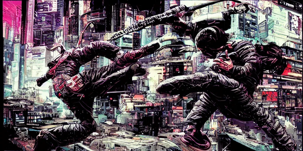 Image similar to Cyberpunk ninja roundhouse kick. Epic painting by James Gurney and Laurie Greasley.