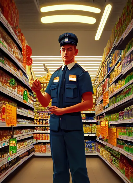 Image similar to portrait of a depressed supermarket worker in a countdown nz uniform, intricate, elegant, glowing lights, highly detailed, digital painting, artstation, concept art, smooth, sharp focus, illustration, art by wlop, mars ravelo and greg rutkowski