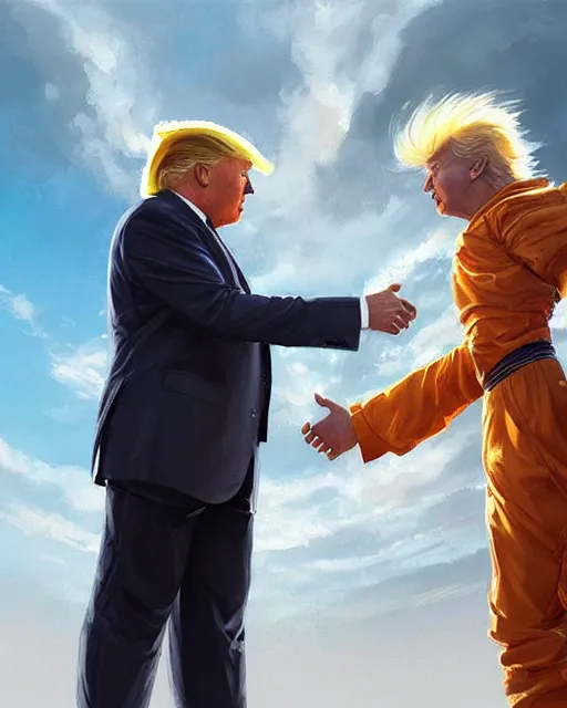 Prompt: donald trump and san goku facing each other off dressed in spaceship pilot dresses shaking hands, portrait, illustration, rim light, top light, perfectly shaded, spring time, slight overcast lighting, soft painting, art by krenz cushart and wenjun lin