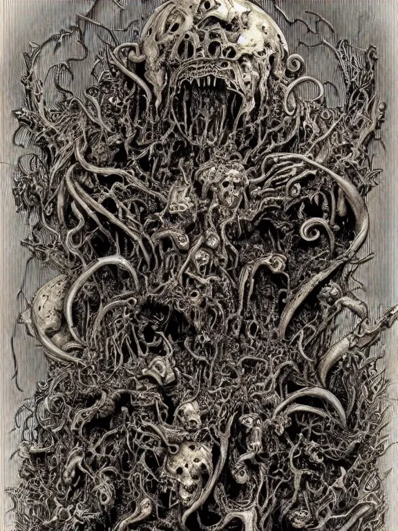 Image similar to A horror illustration design of a Necronomicon from hell revealing the fate of mankind,by James Jean and M.W.kaluta and james c. christensen and aaron horkey and peter gric,trending on pinterest,medieval,ossuary,rococo,fractalism,maximalist,glittering,feminine