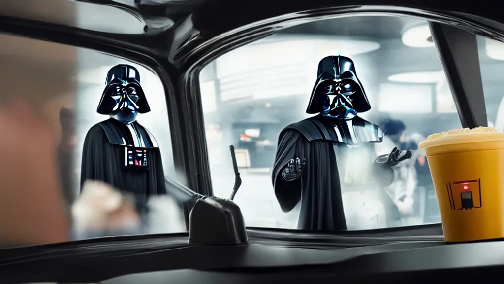 Prompt: Darth Vader working Mcdonalds Drive through, film still from the movie directed by Denis Villeneuve with art direction by Salvador Dalí, wide lens